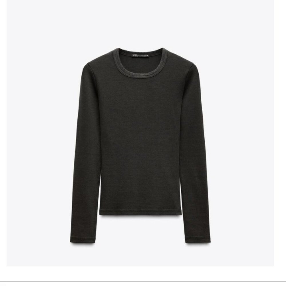 ZARA Long Sleeve Rib T Shirt Dark Gray